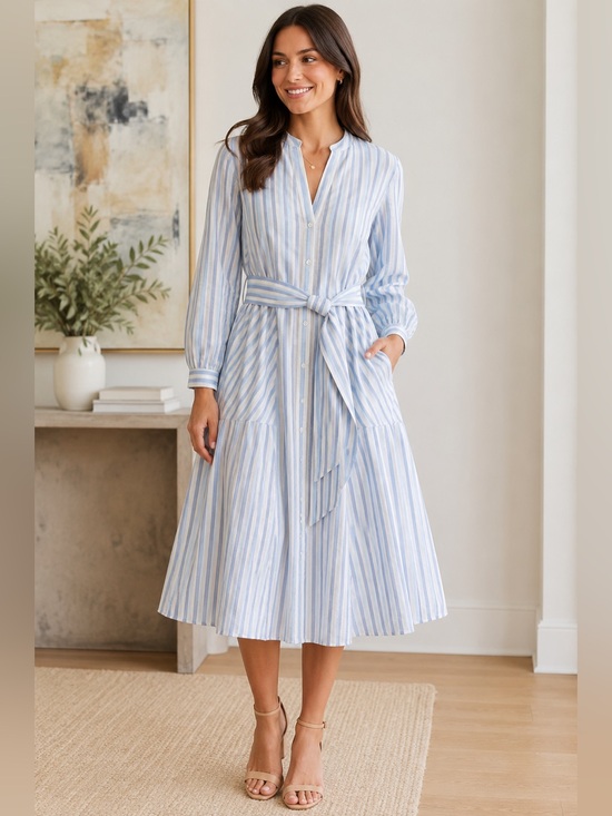 Veronica Beard Dresses & Skirts - Veronica Beard Jenna Tie Waist Linen Silk Stripe Midi Dress Size 8 Blue White